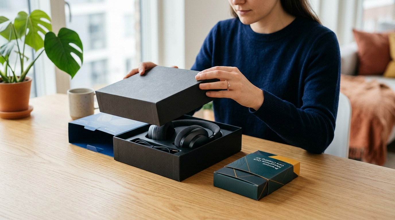 A customer opening a package to reveal a new product, with a smaller, related product or offer visible next to it, illustrating a post-purchase upsell.