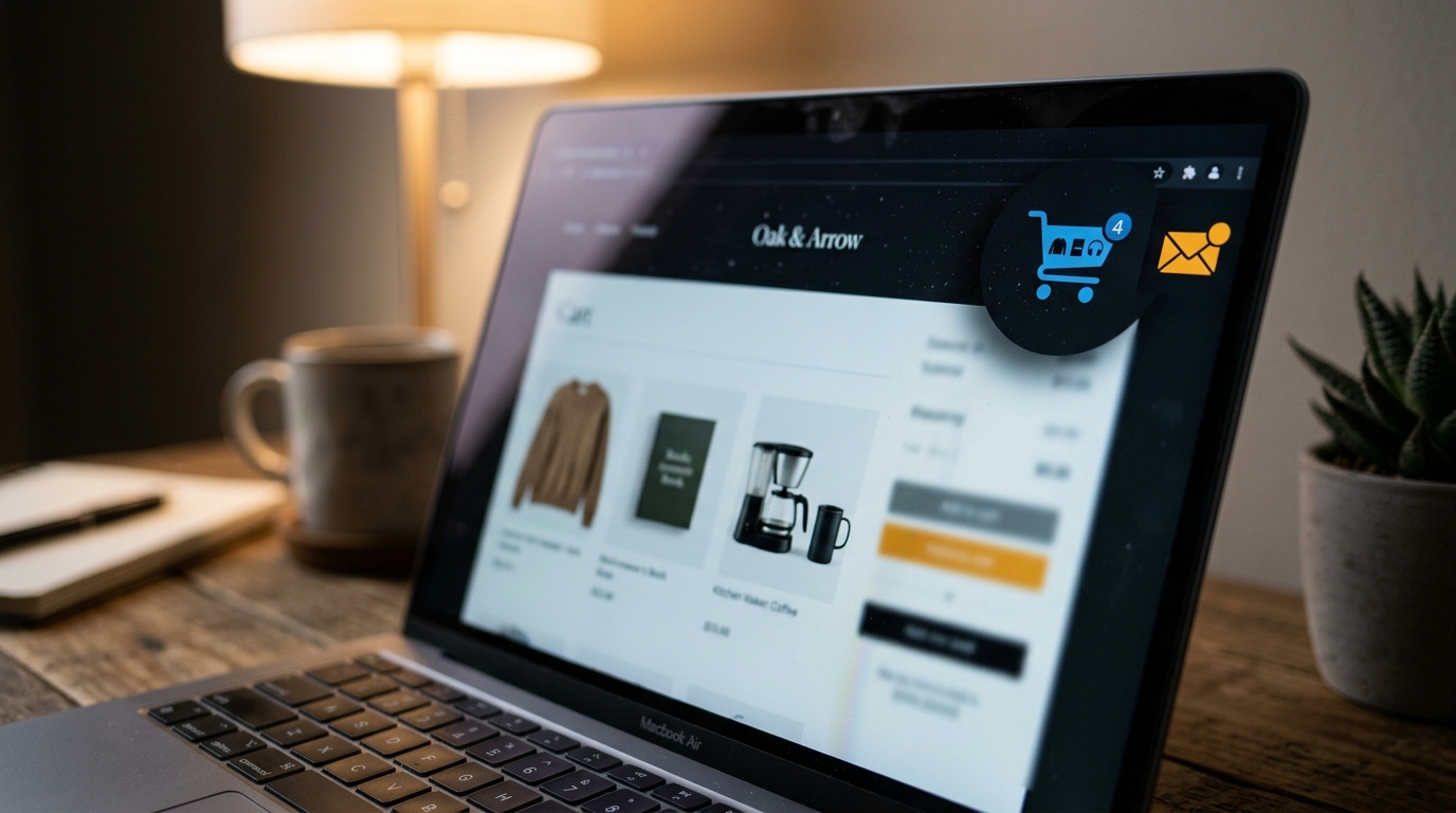 A digital shopping cart with items, appearing abandoned, next to an unopened email icon.