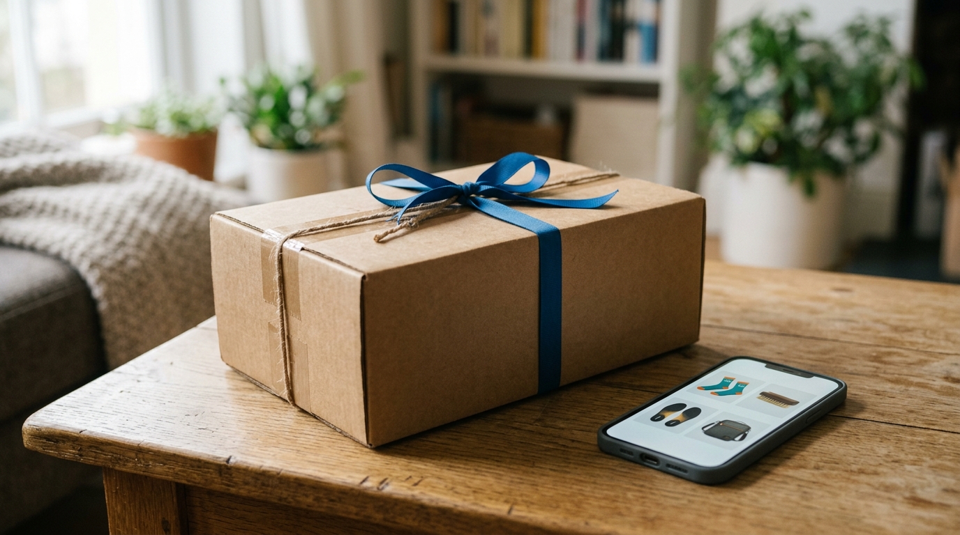 A delivered package next to a smartphone displaying recommendations for complementary products.