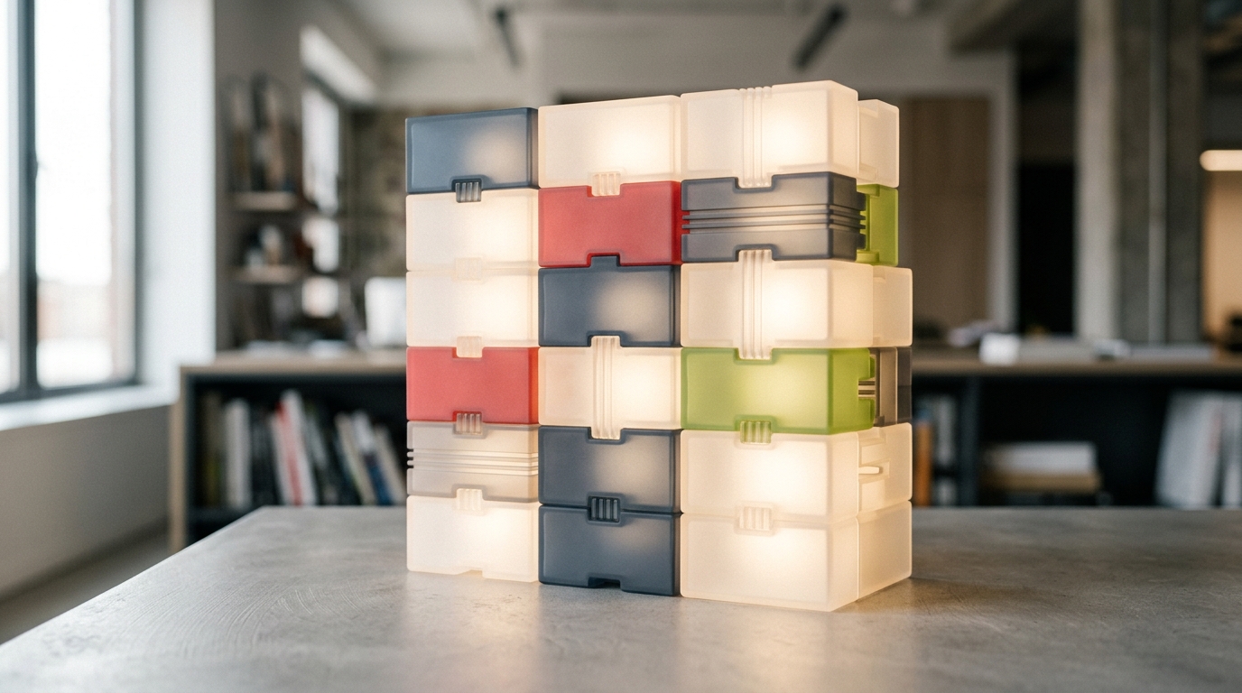 Neatly stacked and interlocked glowing content blocks forming a structured, coherent architecture.