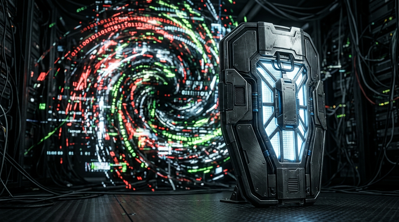 A gleaming futuristic shield standing firm against a chaotic vortex of abstract digital data.