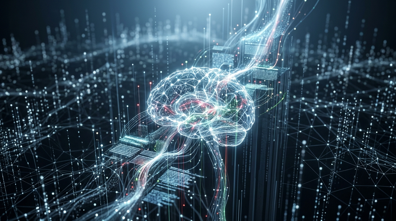 An abstract representation of artificial intelligence creating and optimizing content for high search engine rankings.