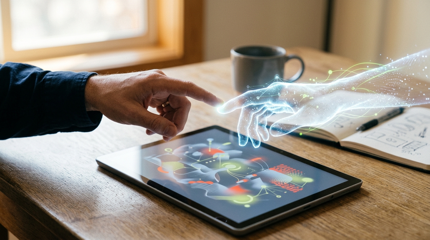 A human hand and an artificial intelligence hand collaborating on digital content displayed on a tablet.