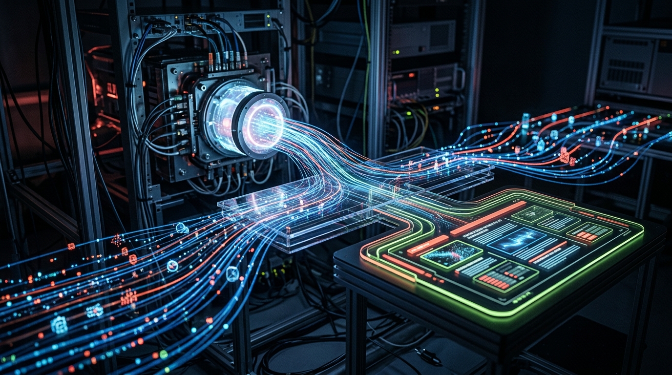 Digital representation of an automated content pipeline, showing data flowing from an AI core to a published article on a screen.