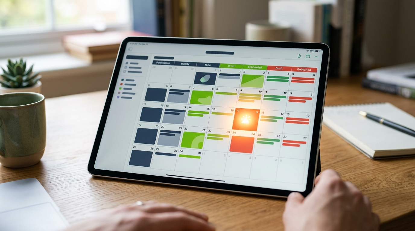 A digital content calendar on a tablet, showing organized article topics and publication dates, with a keyword transforming into scheduled content.