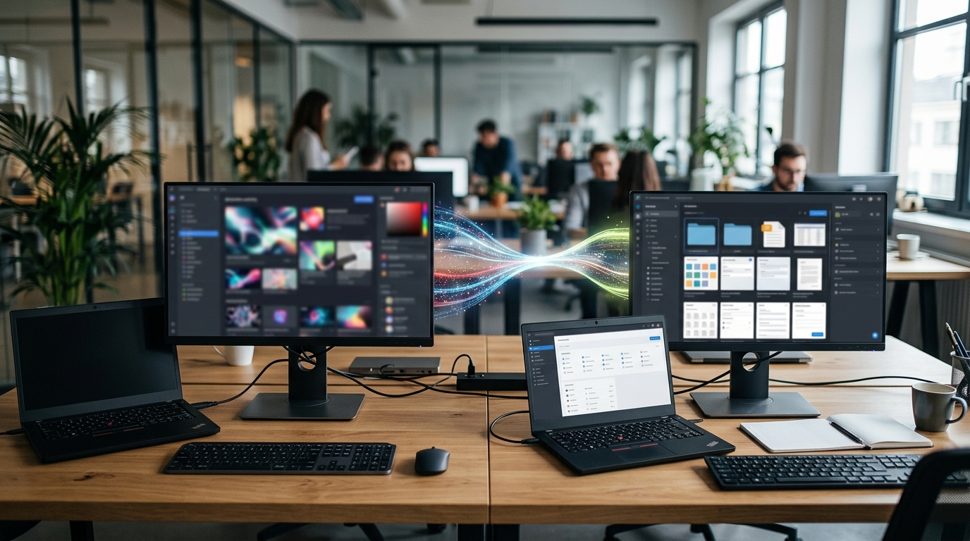Two digital platforms, an AI content system and a CMS, connected by a data bridge, symbolizing seamless content transfer.