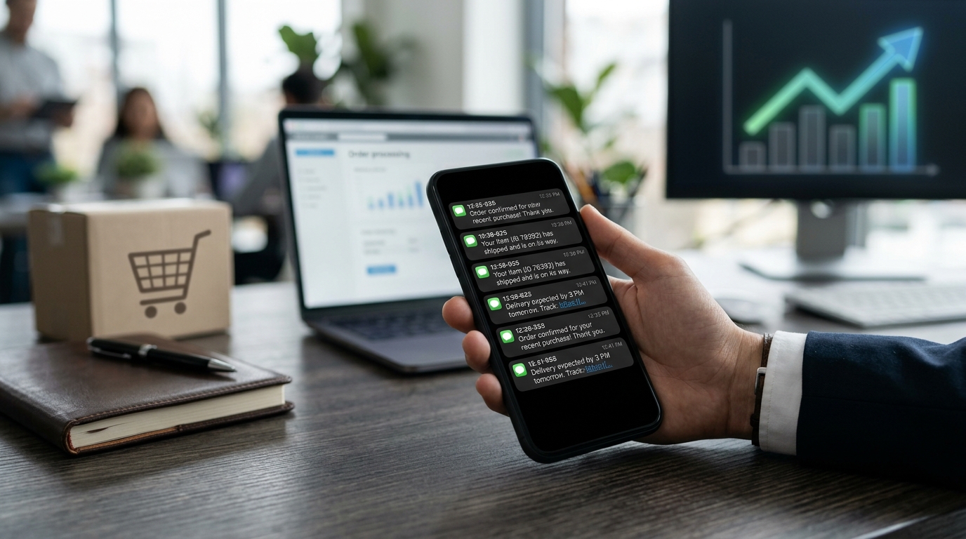 A smartphone screen showing multiple SMS messages, with e-commerce elements and an upward trend line symbolizing business growth and high ROI.