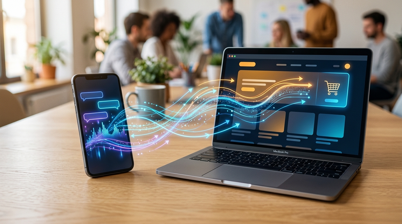 A visual representation of a smartphone and an e-commerce platform connected by lines, symbolizing seamless integration and data flow.