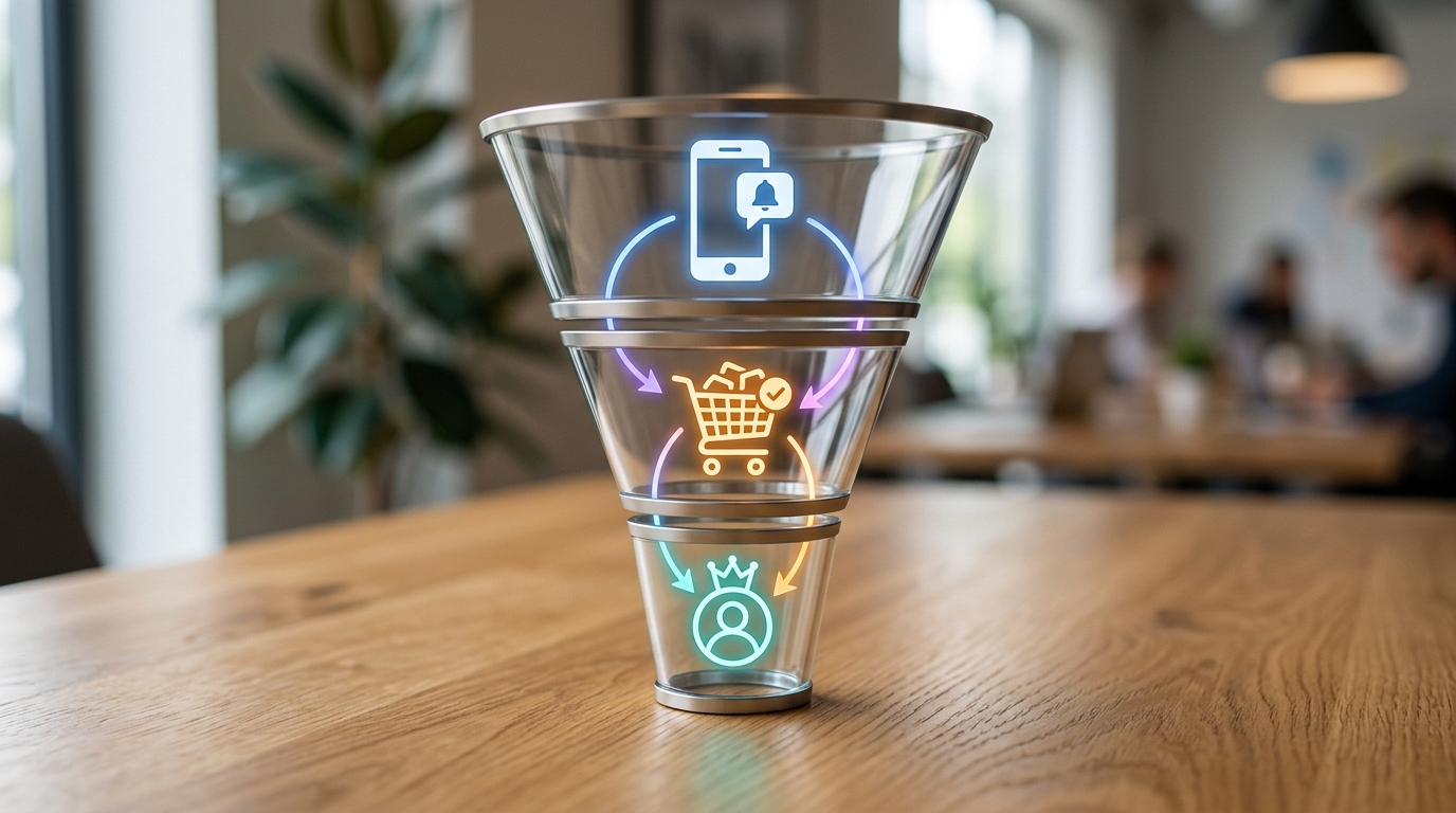 A marketing funnel graphic showing a flow from SMS messages to e-commerce purchases and customer profiles, representing an automated marketing funnel.