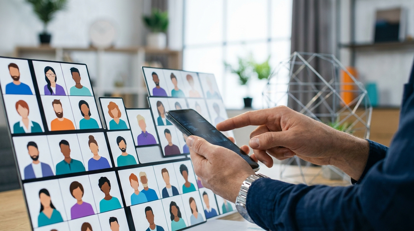 Stylized customer avatars grouped into different segments, with a hand holding a smartphone directing personalized messages to each distinct group.