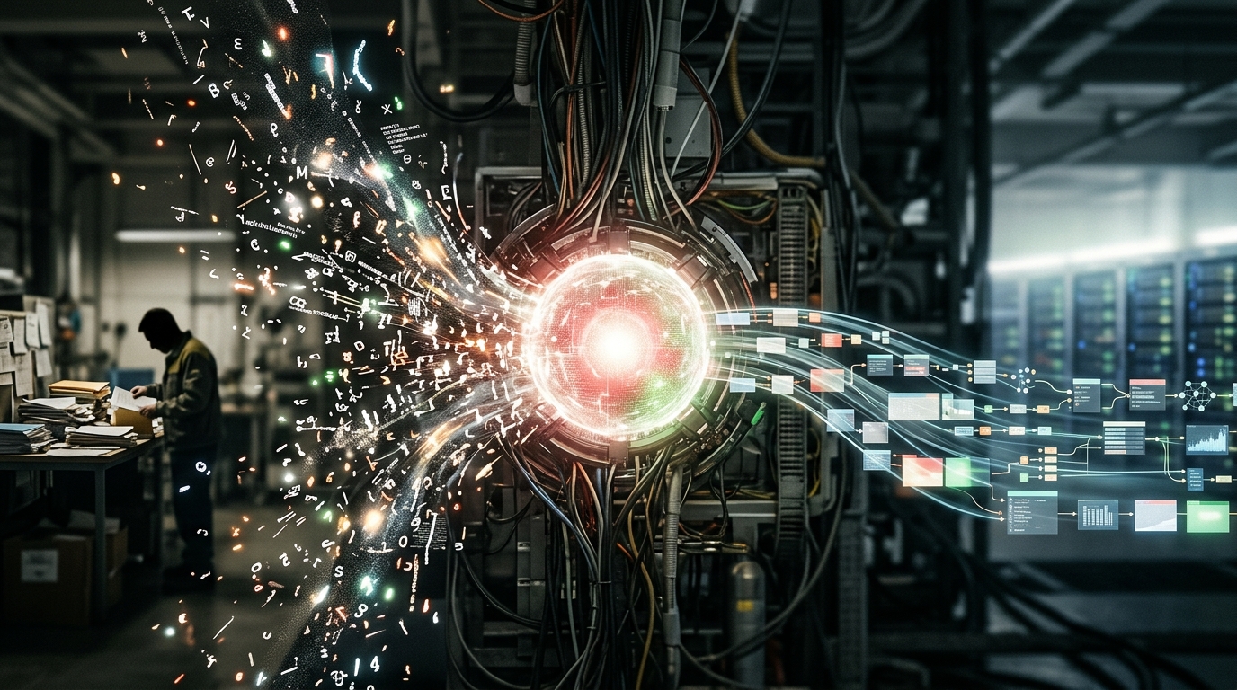 A glowing AI core transforms chaotic raw data into structured content, symbolizing automated keyword research and content generation, while a small human struggles with manual tasks in the background.