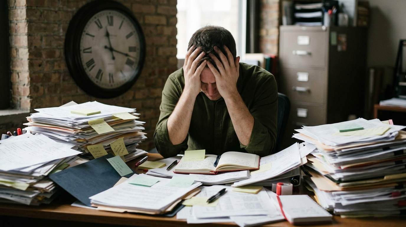 A person sitting at a desk, overwhelmed and frustrated by a huge, messy pile of papers and notes, with a clock showing time passing, symbolizing the limitations of manual research.