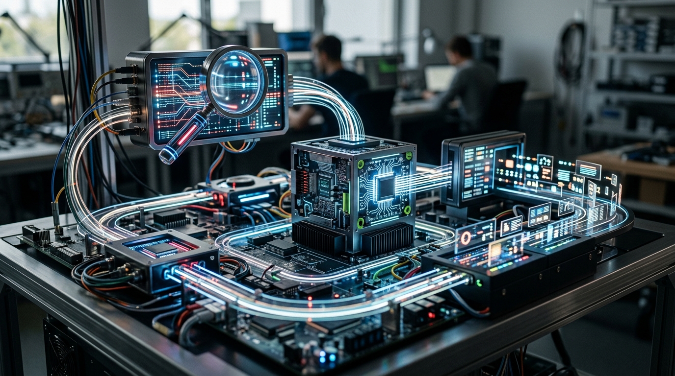 Interconnected digital modules and pathways show data from keyword research flowing into an AI processing unit, which then seamlessly generates content, symbolizing integrated content generation.