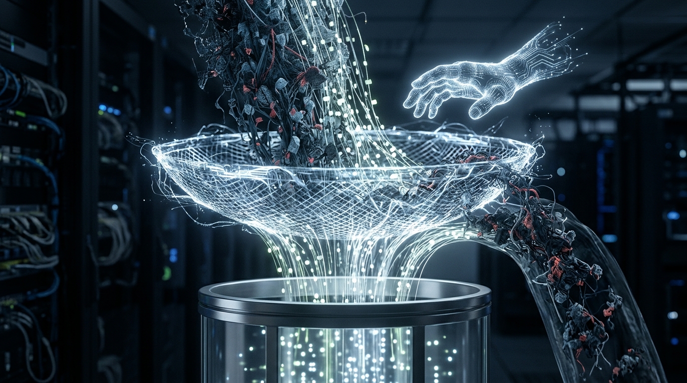 A digital sieve separating clean, organized data from messy, corrupted data, with an AI symbol overseeing the process, representing the challenge of ensuring quality data input.