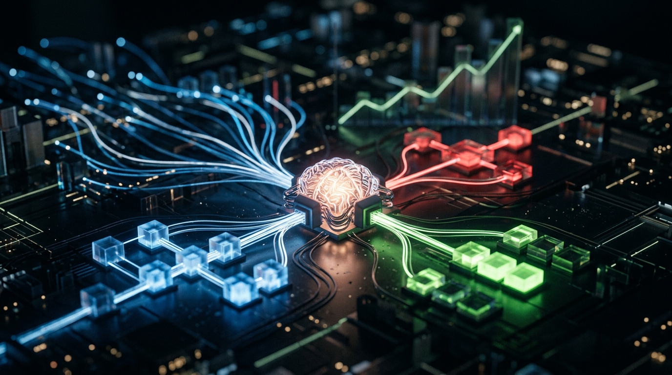 An abstract digital landscape showing data streams flowing into an AI network, which then highlights optimized content, with a subtle upward trend in the background.