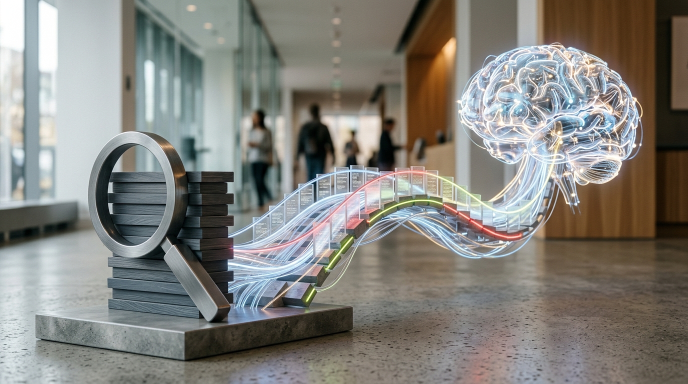 A bridge connecting a traditional search icon to an abstract AI chat interface, symbolizing the shift from old SEO to AI-first content strategies.