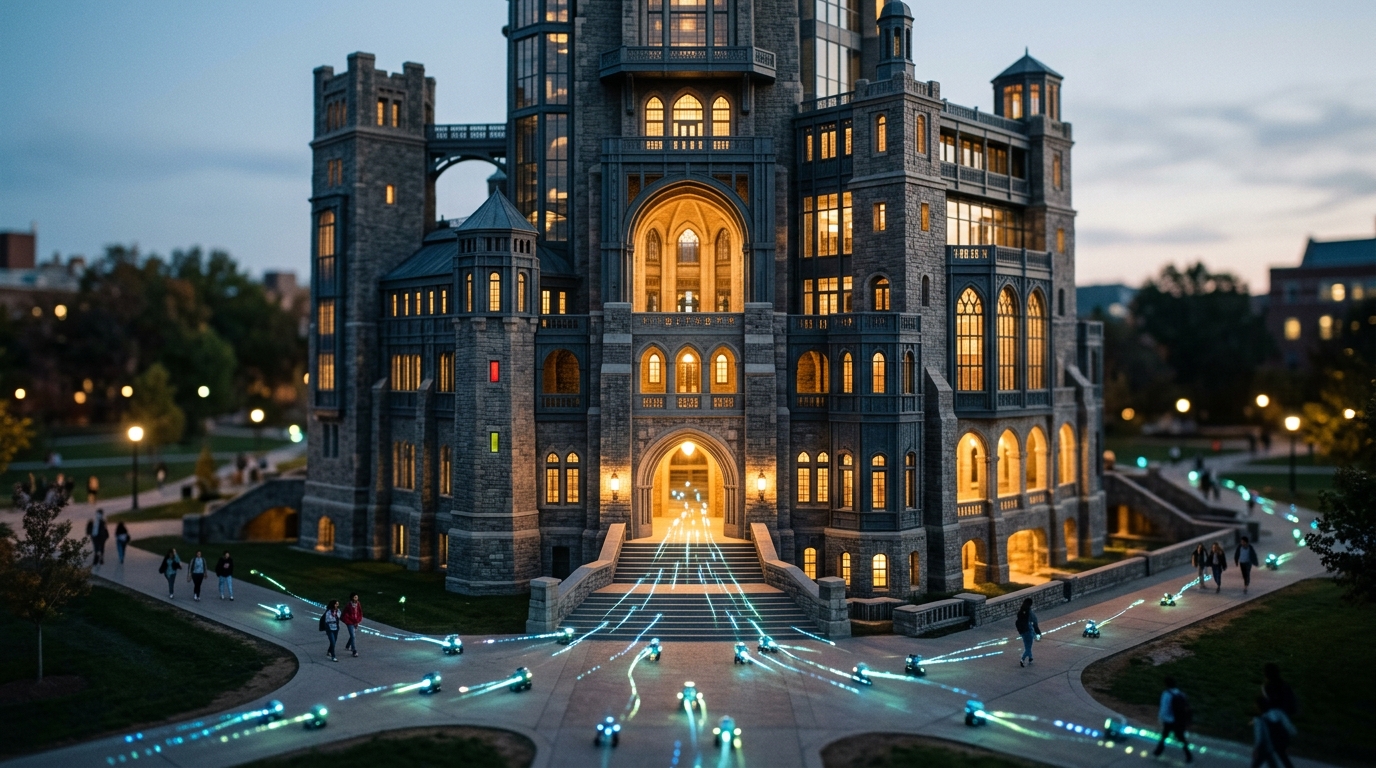 A digital fortress or library, well-lit and robust, attracting small AI data streams, symbolizing the importance of E-E-A-T in AI citations.