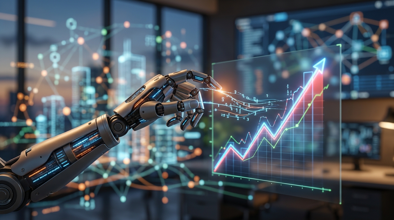 A robotic arm writing digital content that transforms into an upward-trending SEO graph, symbolizing automated content driving organic growth and higher rankings.