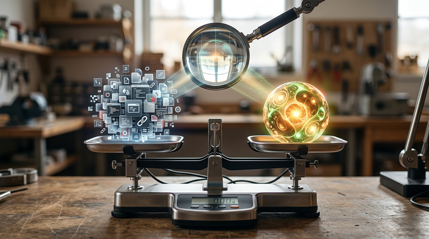 A digital scale balancing abstract AI-generated content with a symbol of human quality and originality, with a magnifying glass inspecting for content detection.