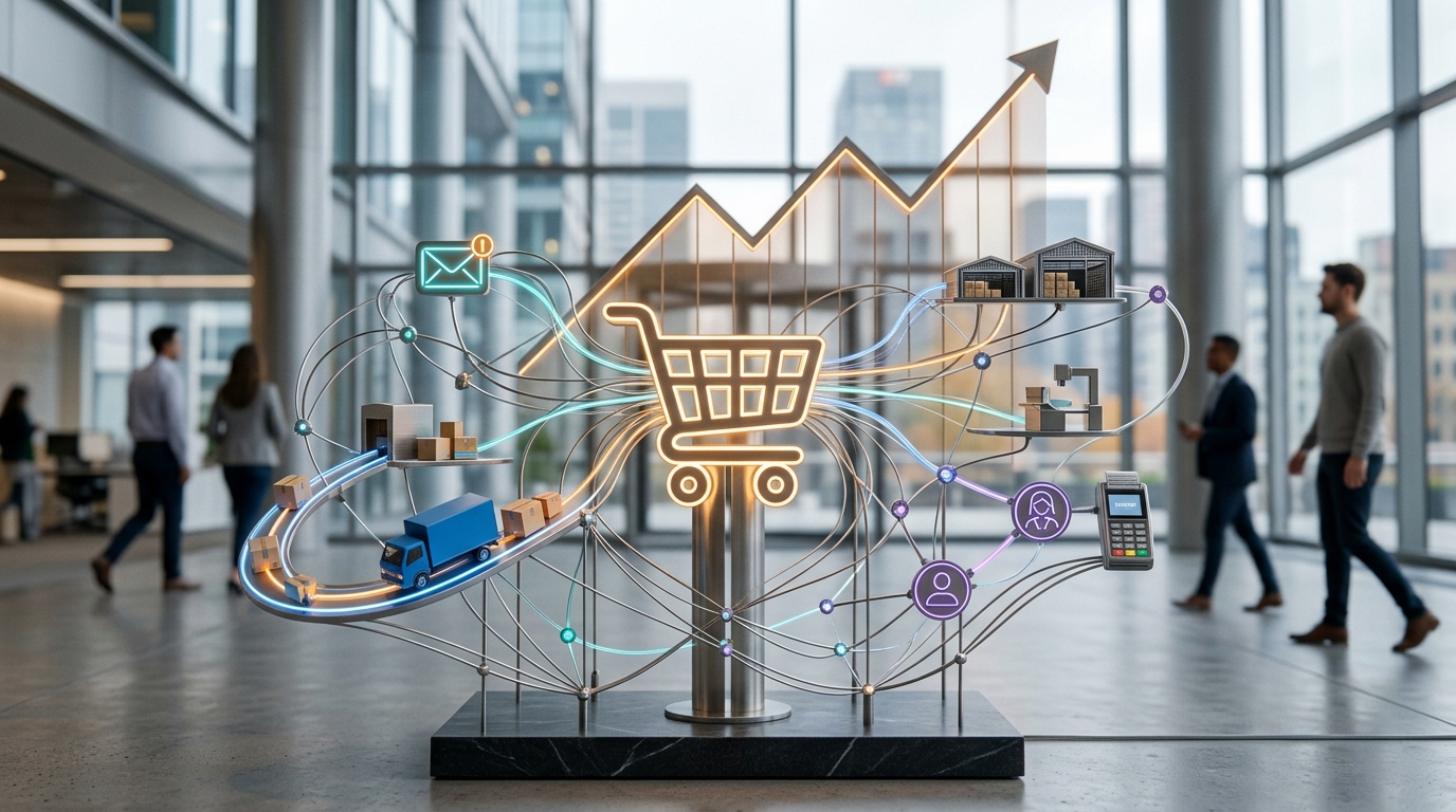 A stylized depiction of a growing e-commerce ecosystem, showing a shopping cart connected by glowing lines to various automated processes like emails and delivery, with an upward trending graph in…