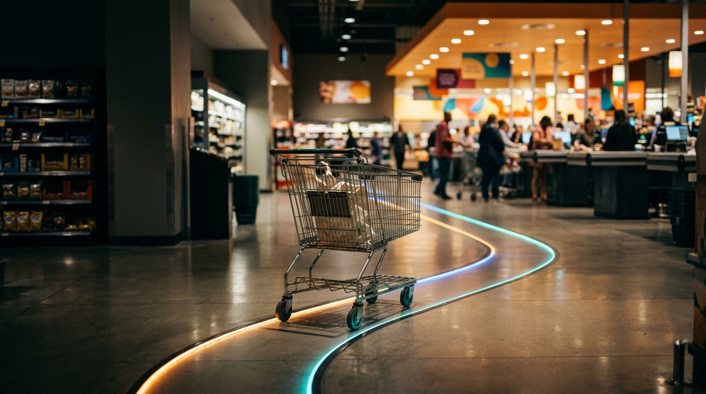 A lone shopping cart being drawn back towards a bright, active checkout area by a glowing, automated path.