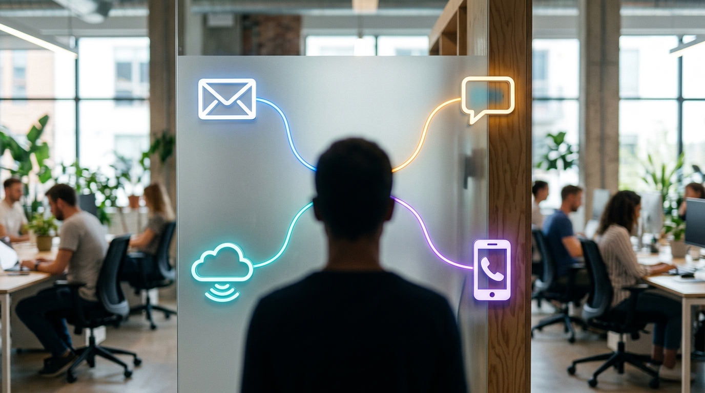 An abstract human silhouette at the center, surrounded by interconnected symbols for email, messaging, web, and mobile, all linked by glowing lines, representing multi-channel customer engagement.