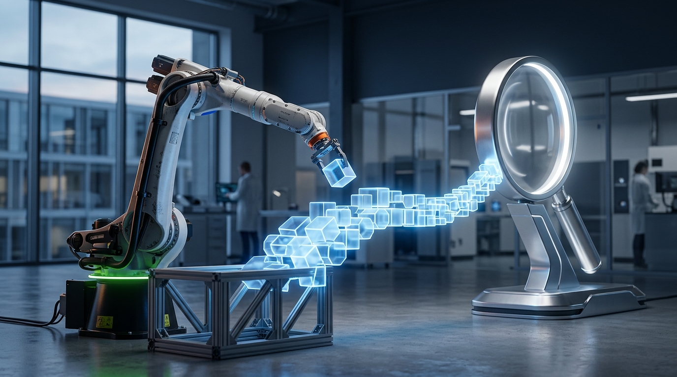 A robotic arm building a bridge of digital content blocks that lead to a search engine icon, representing AI-driven traffic generation.