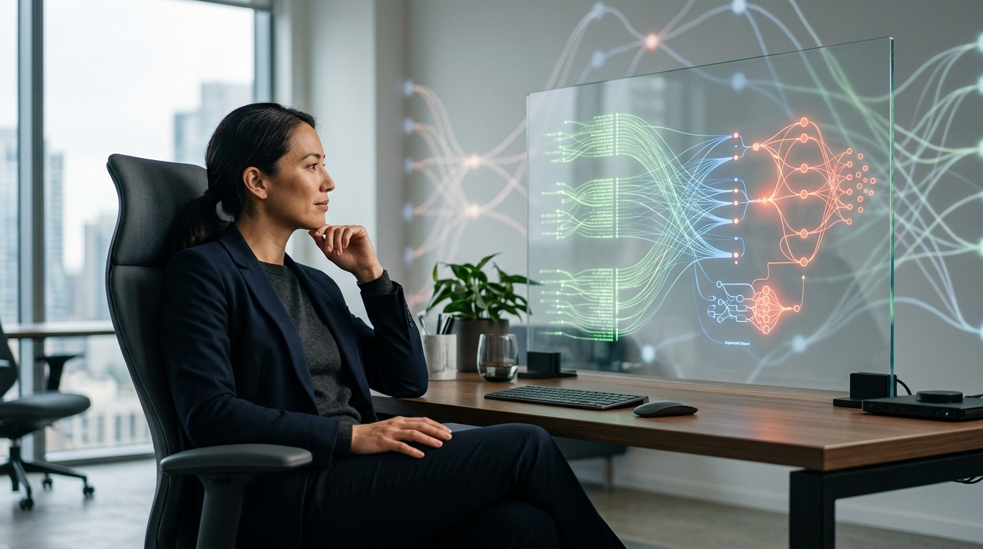 A person overseeing an automated digital content creation process on a futuristic screen, with AI neural network patterns in the background.