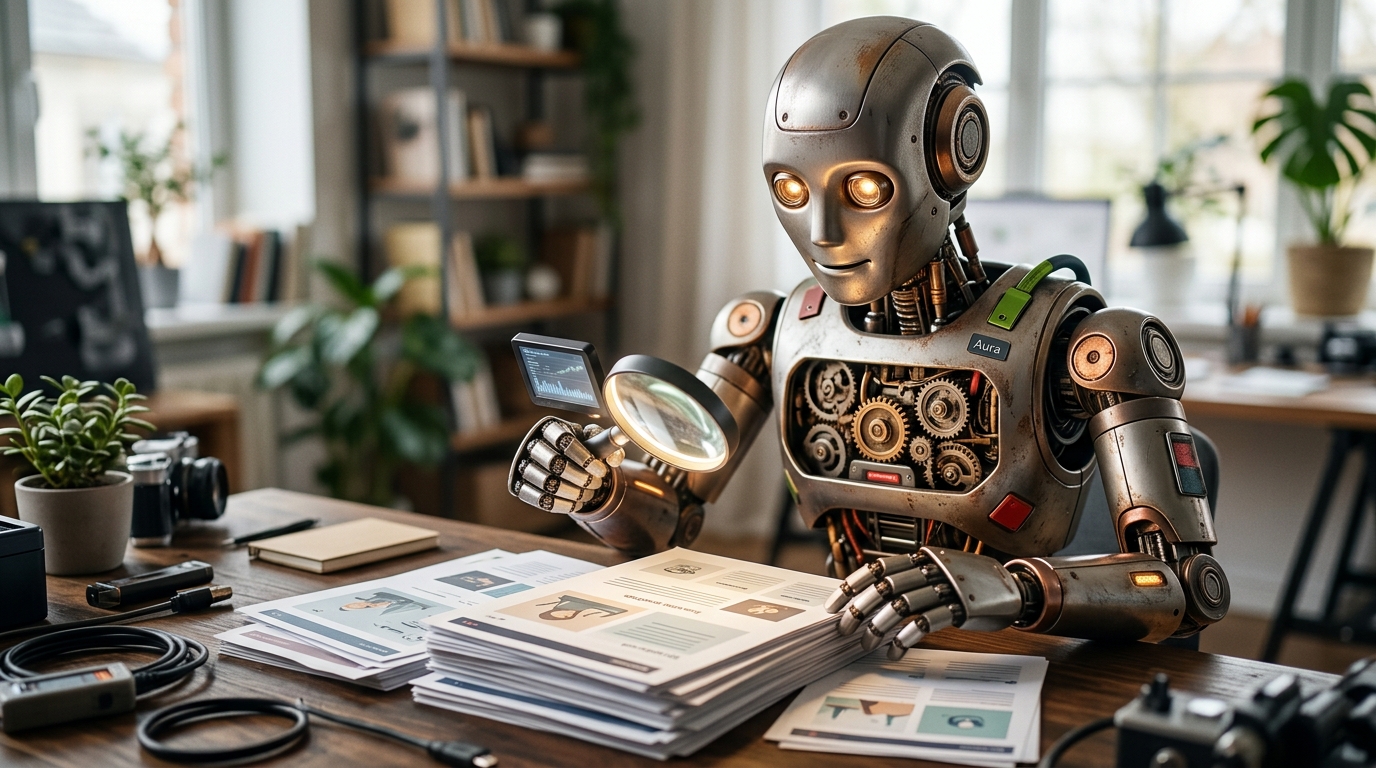 A stylized robot examining digital web pages with a magnifying glass, representing an AI agent for SEO content.