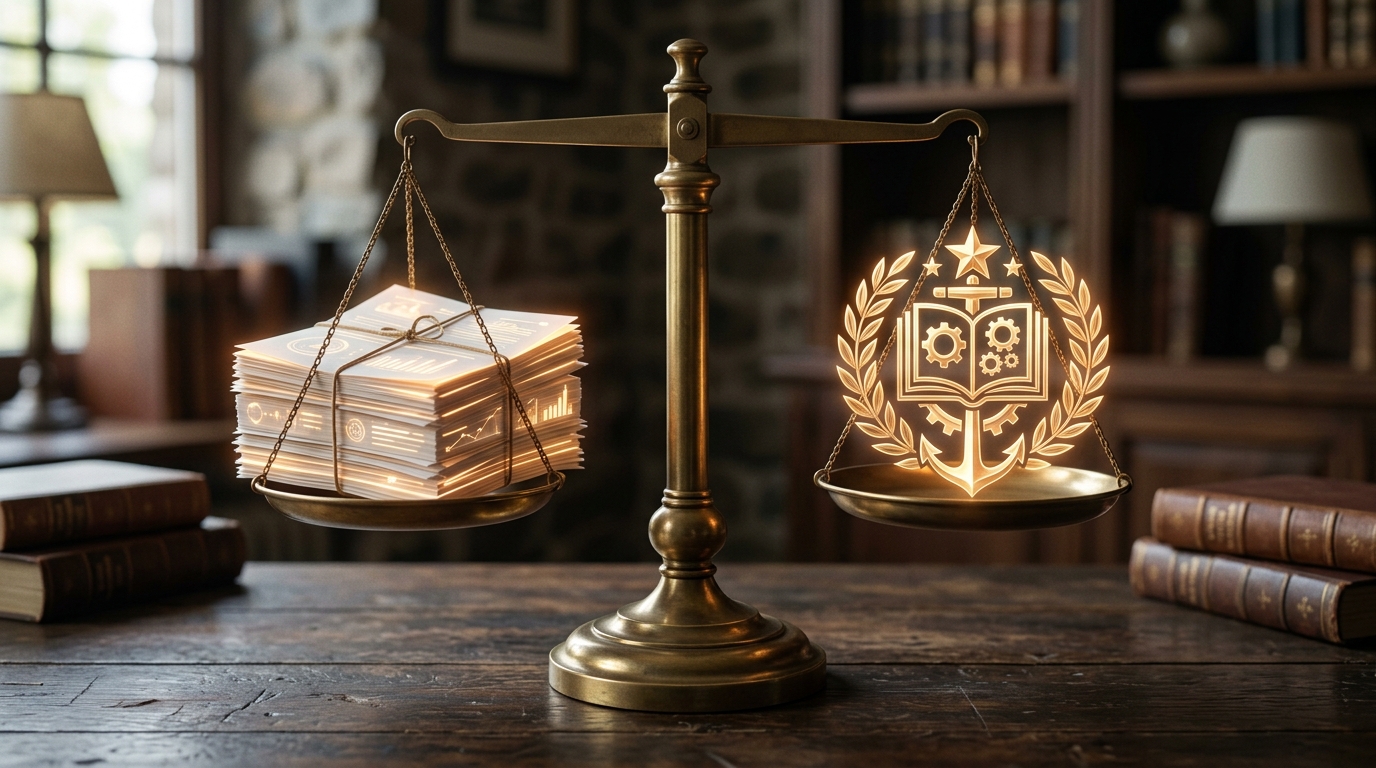 A digital scale showing perfect balance between AI-generated content and a radiant icon symbolizing E-E-A-T quality standards.