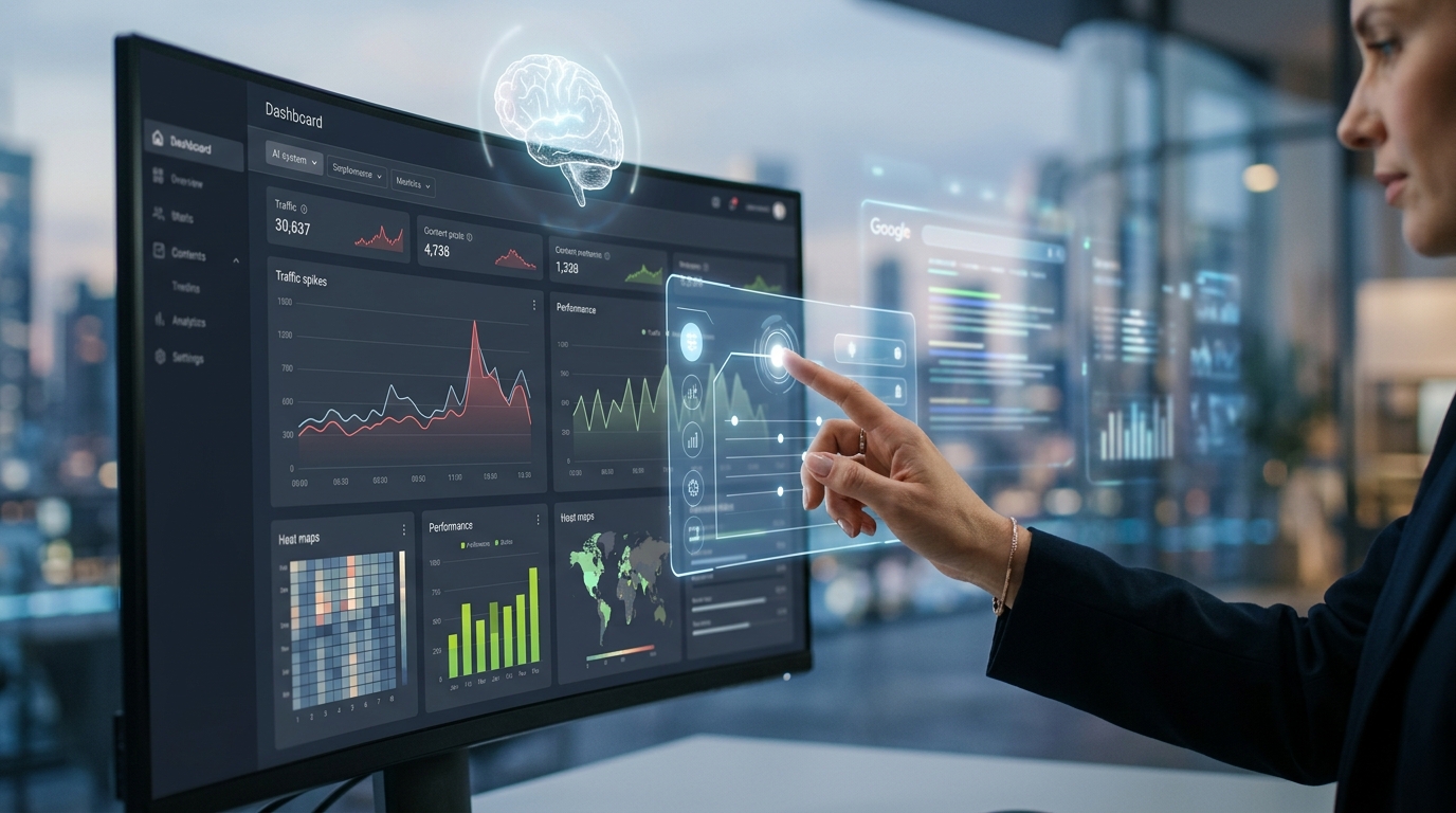 A human hand adjusts controls on a futuristic digital dashboard displaying SEO metrics, content flows, and an AI brain icon, symbolizing strategic AI guidance for content.
