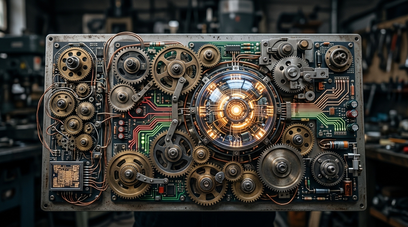 A complex system of interconnected gears and circuit board traces, representing different stages of an an AI-driven SEO content strategy, with a central glowing AI component.