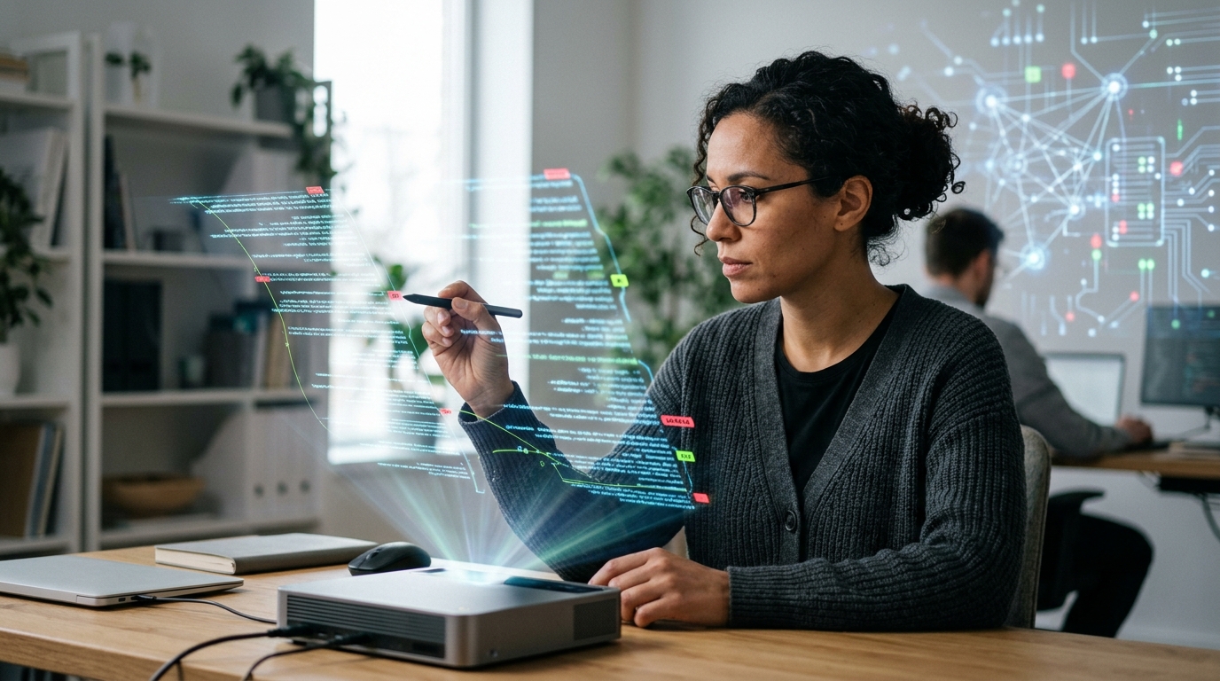 A person using a stylus to refine and edit a holographic projection of text, symbolizing human oversight and quality control for AI-generated content.