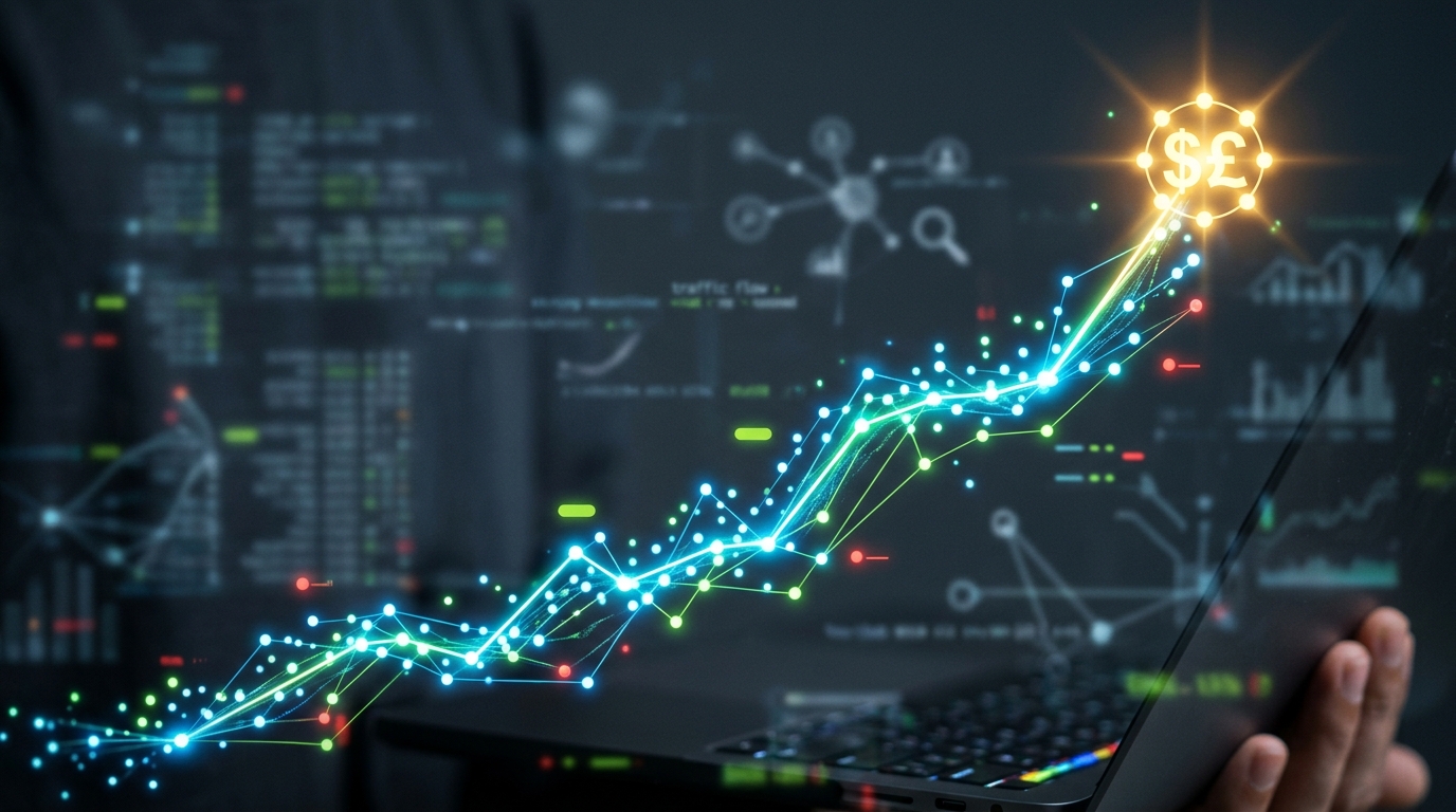 An upward-trending digital graph with data points and lines, leading to a glowing coin symbol, illustrating the measurable return on investment from AI-driven SEO.