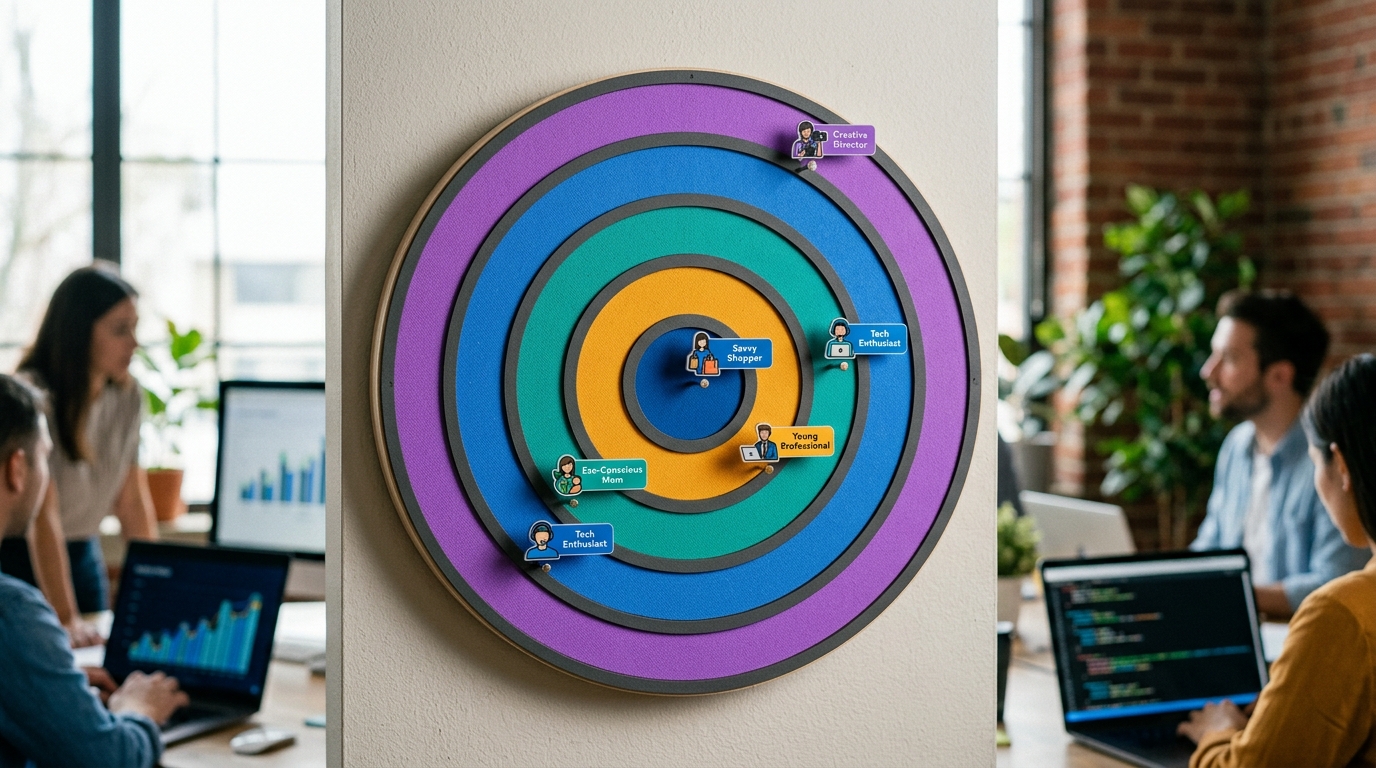 Stylized bullseye target where distinct customer segment icons land precisely in different rings, symbolizing accurate targeting.