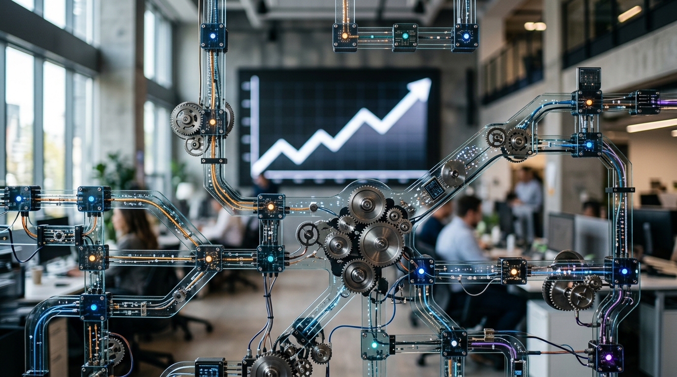 A complex digital flowchart with interconnected gears and an upward-trending graph, representing advanced marketing automation and high ROI.