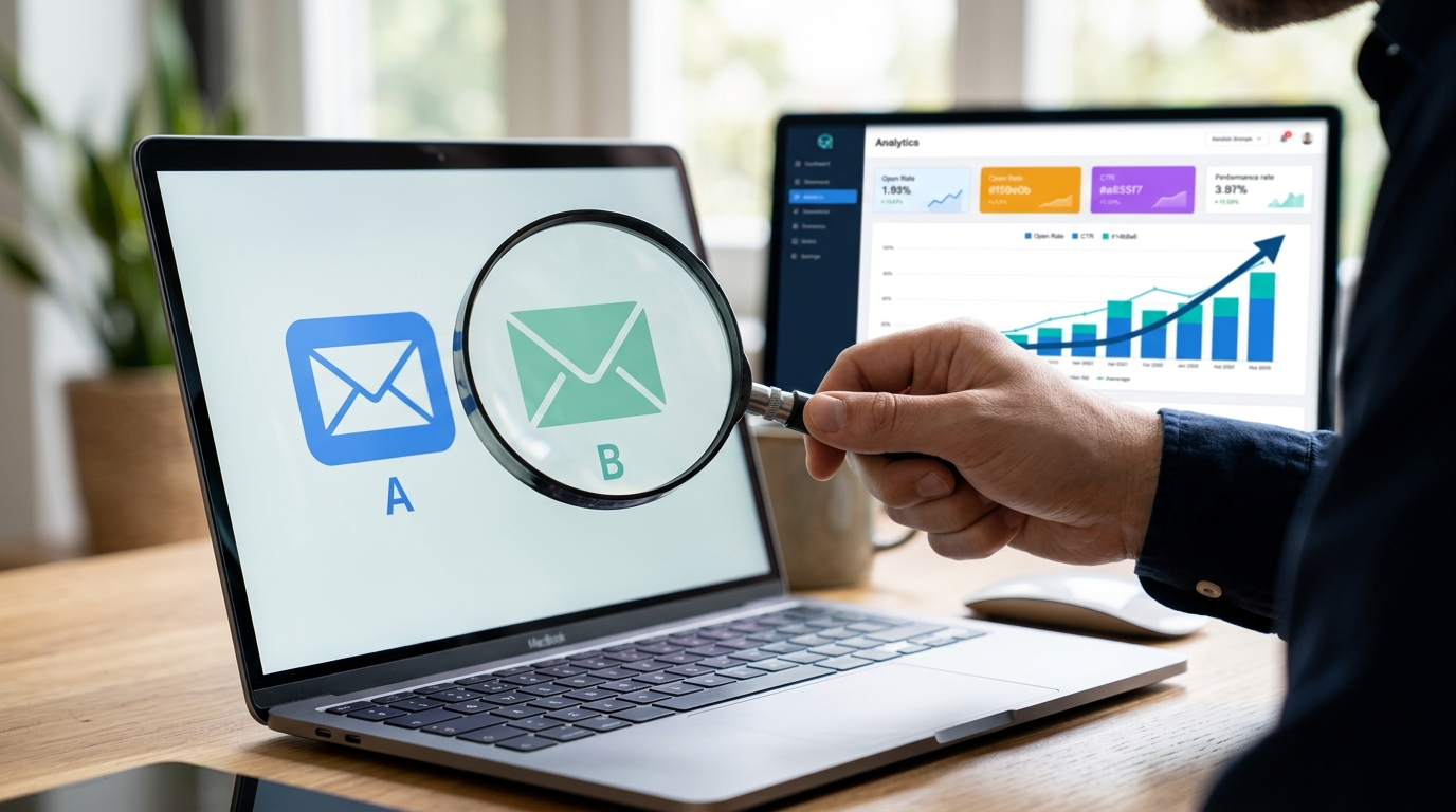 Two email icons, A and B, being compared on a screen with a magnifying glass and an analytics chart, symbolizing A/B testing and performance optimization.