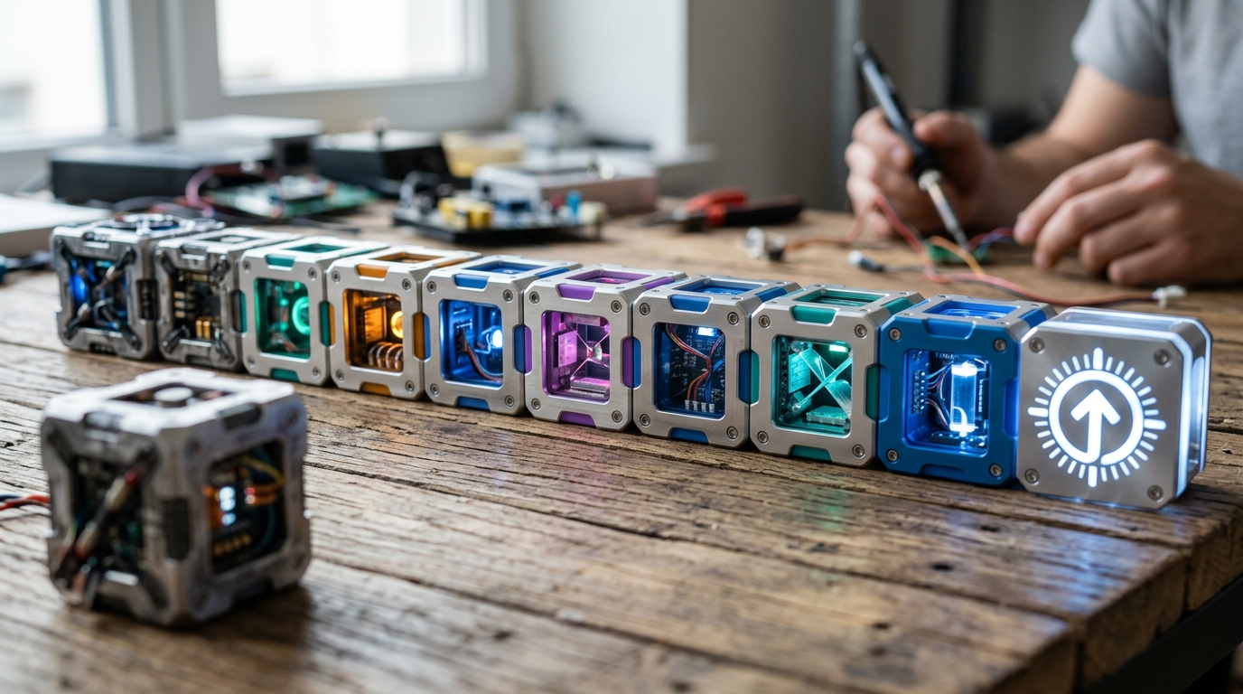 Interconnected digital blocks forming a sequence, representing the elements of an email strategy.