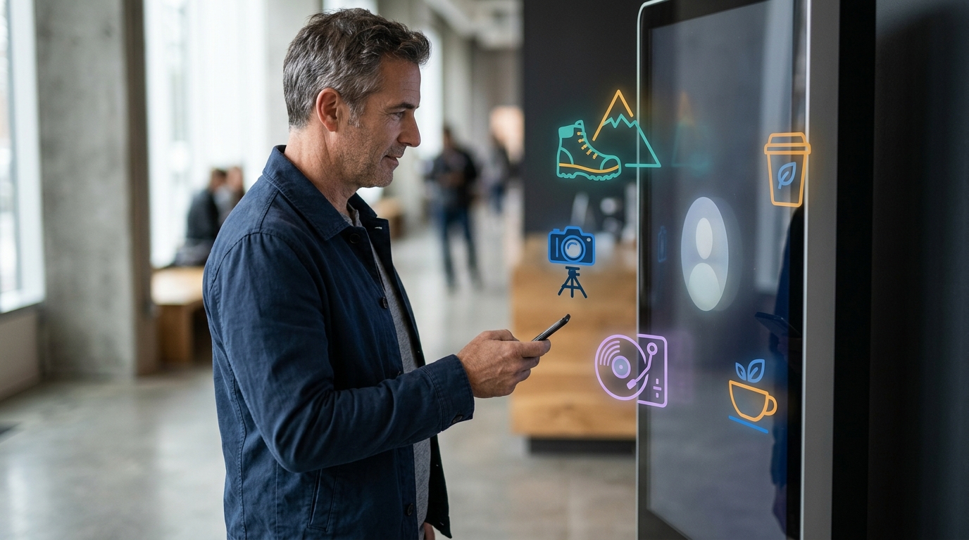 A customer figure viewing a digital display that shows personalized items and symbols around them.
