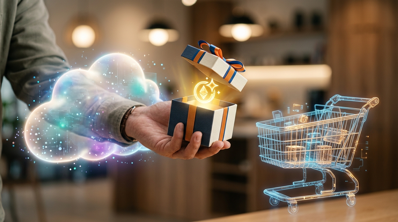 A hand offering an open gift box with a glowing symbol of value to a digital shopping cart.