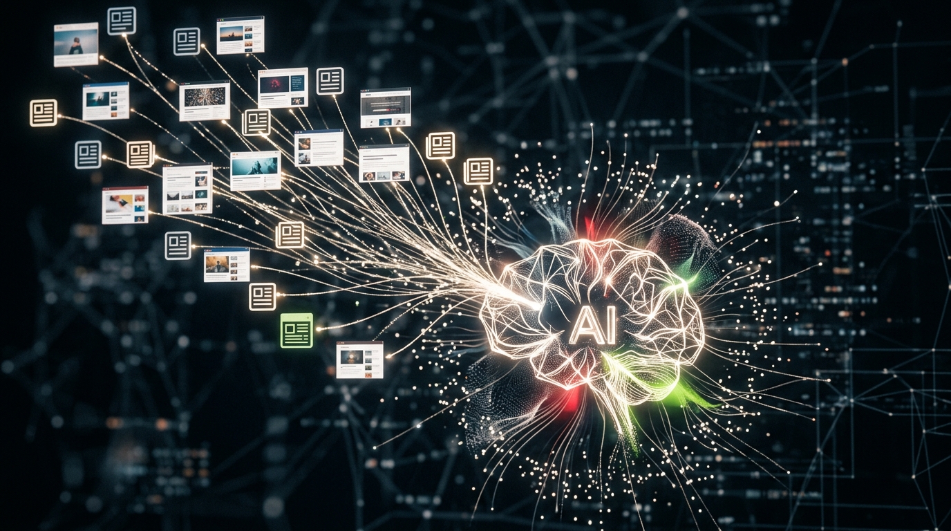 A central glowing AI symbol generating and publishing content, with digital lines connecting to a growing stream of web pages and blog posts, illustrating automated content creation and website…