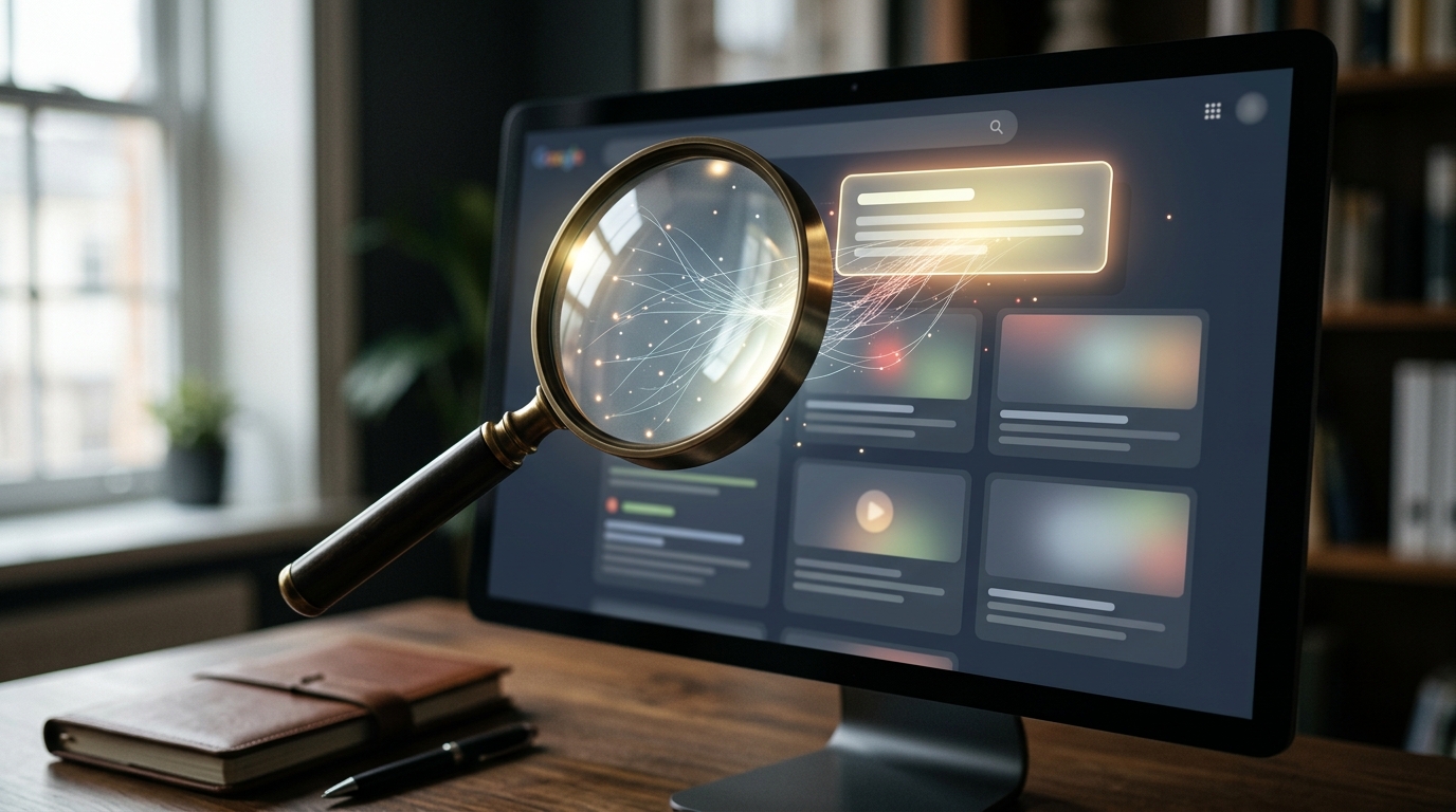 A magnifying glass highlighting a top-ranked search result on a screen, with other results below, symbolizing improved search engine visibility and higher ranking due to AI-powered content.