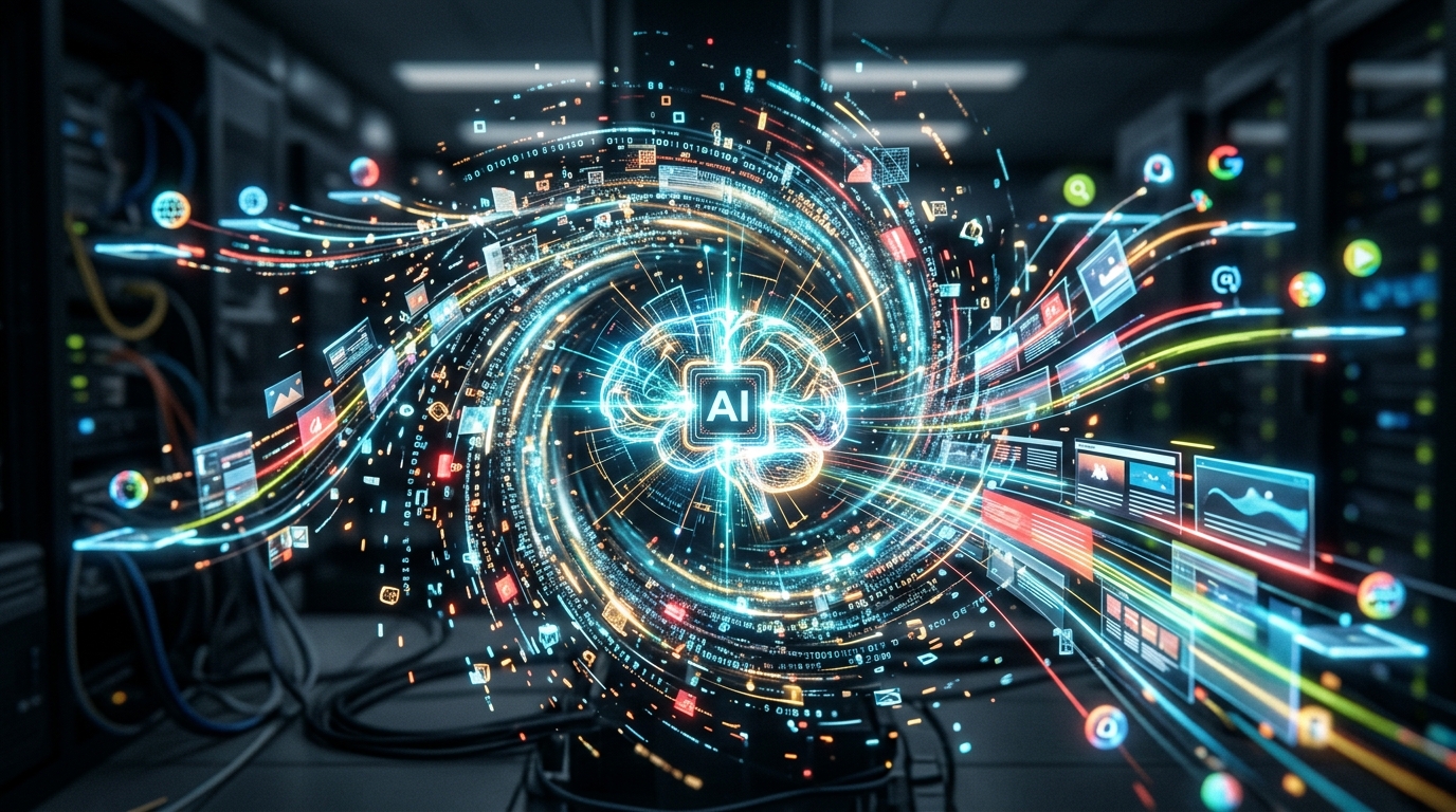 A central AI core generating and distributing optimized content across digital platforms, symbolizing automated SEO traffic and authority.