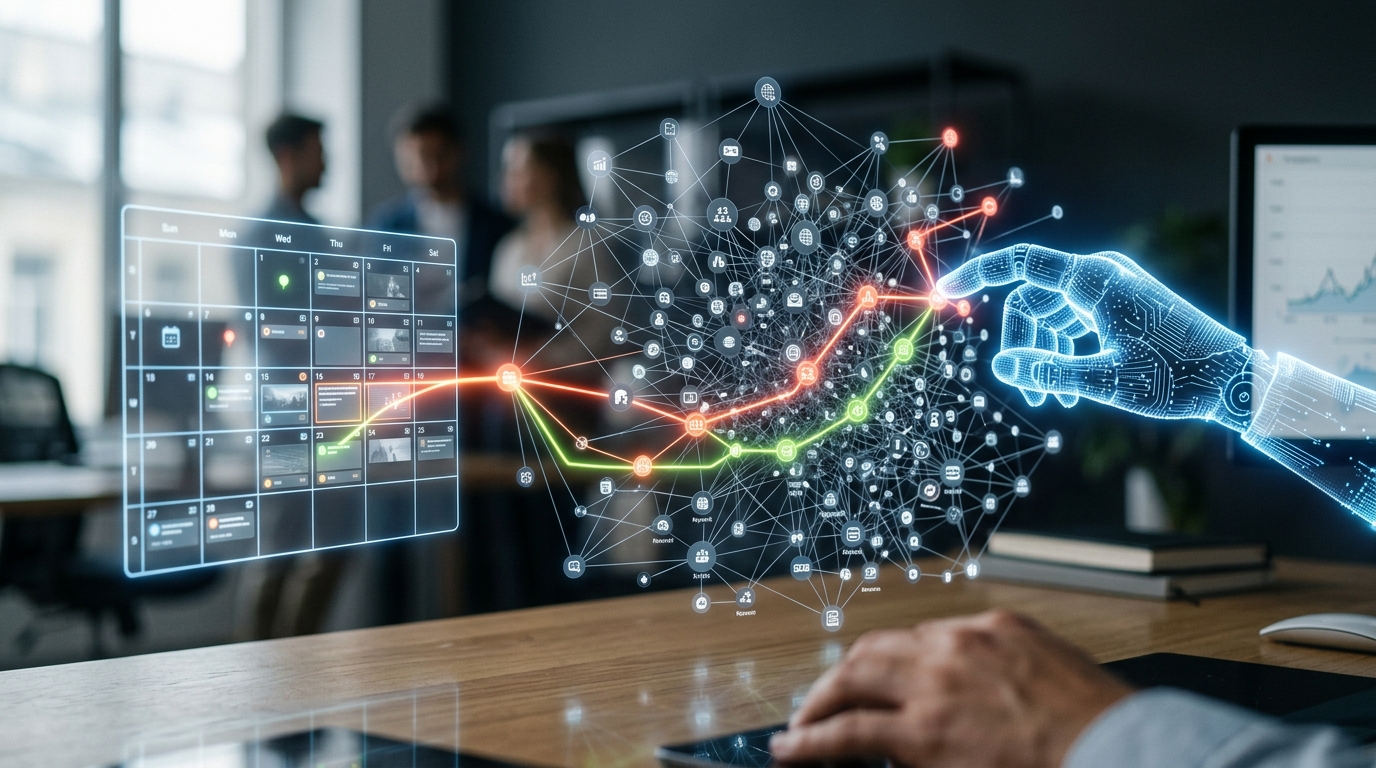 A digital hand, representing AI, connecting glowing data points for keyword research and organizing them into a structured content calendar.
