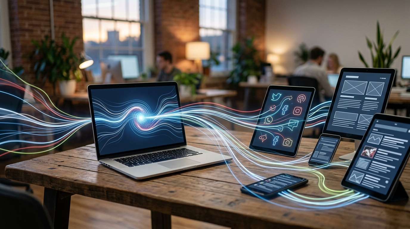 A continuous stream of content flowing automatically from an AI source to various digital platforms like social media and blog sites.