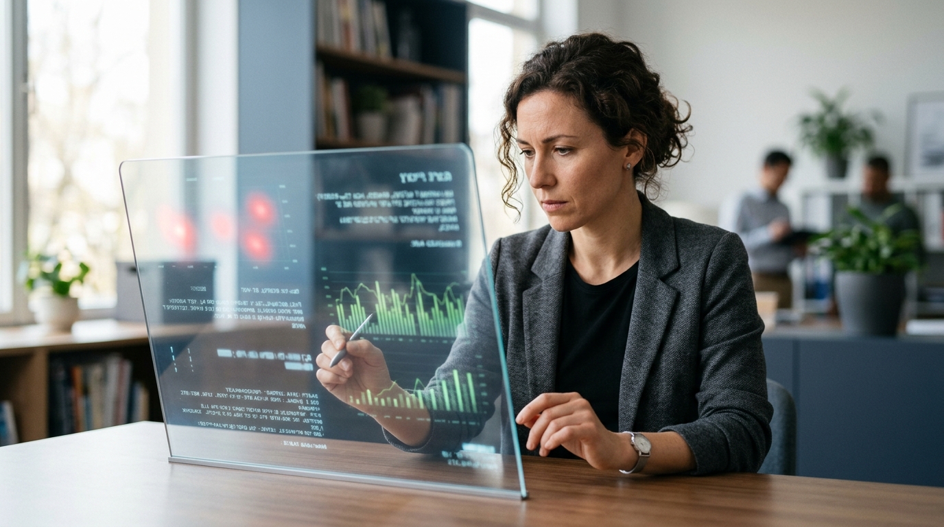 A person reviewing and refining AI-generated content on a large, transparent digital screen, emphasizing human oversight in automated workflows.