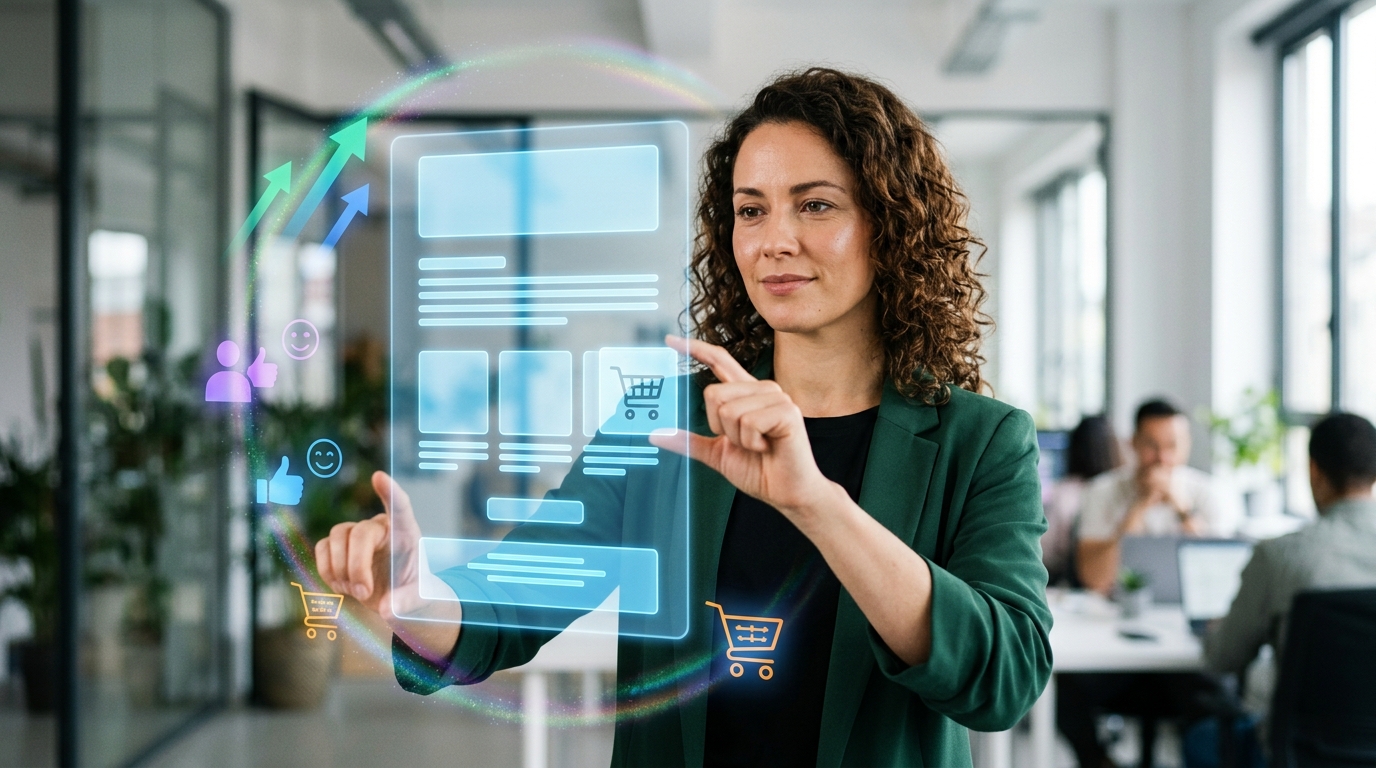 A person's hands interacting with a projected email template, symbolizing the ease of a drag-and-drop builder for e-commerce growth.