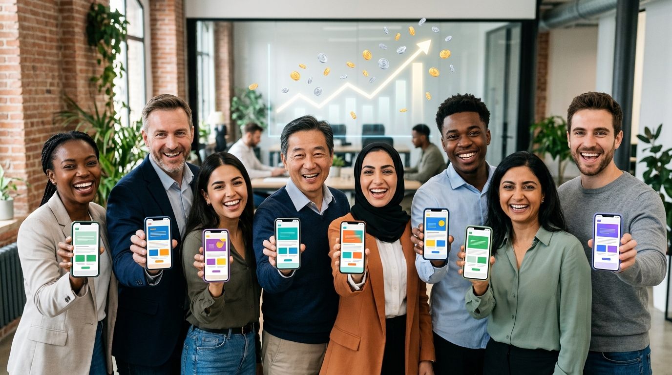 A group of happy individuals looking at personalized e-commerce emails on their smartphones, with symbols of sales growth in the background.