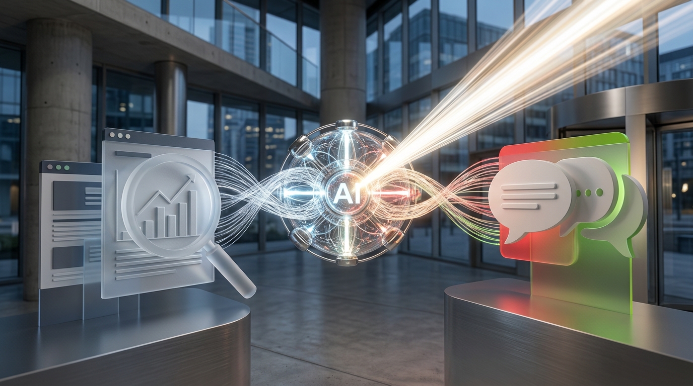 A central AI symbol connecting and merging streams representing traditional SEO and AI answer engine optimization, leading to enhanced search visibility.