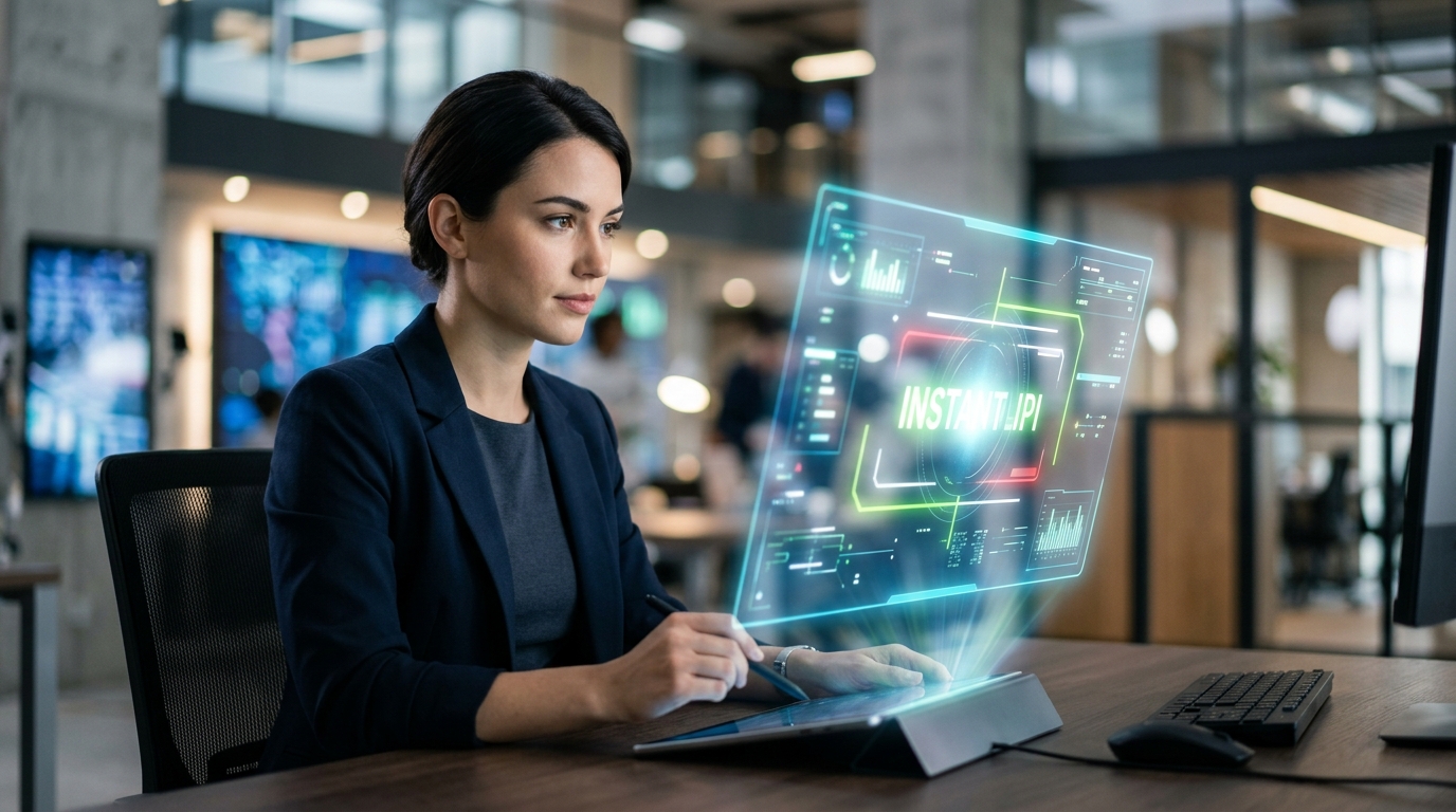 A person viewing a direct, concise answer provided by an AI on a futuristic display.